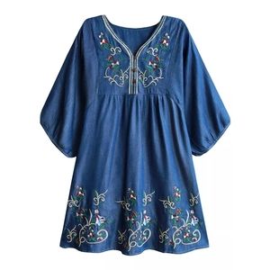 Futurino Bohemian Embroidered Floral Tunic Dress